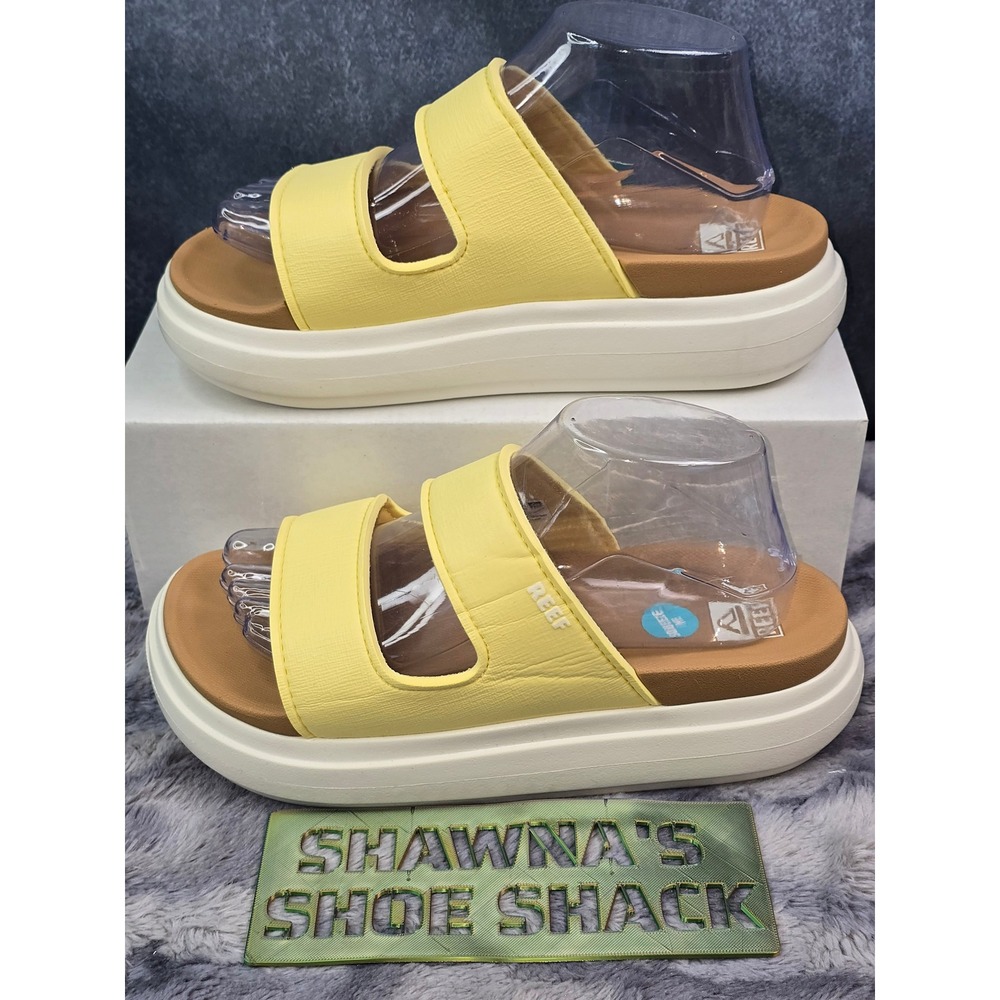 NWT Reef Cushion Bondi 2 Bar Pale Banana Yellow Platform Slide Sandal Womens 9